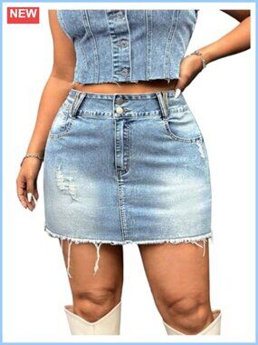 Plus Size Distressed Denim Mini Jean Skirt High Rise Frayed Y2K